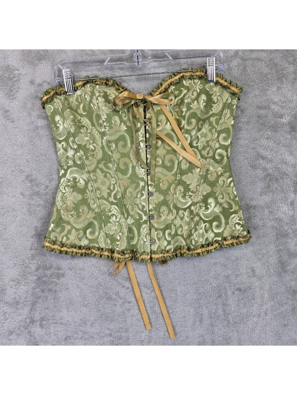 Corset Top Womens XL Green Jacquard Floral Boned Overbust Lace Up Ruffle